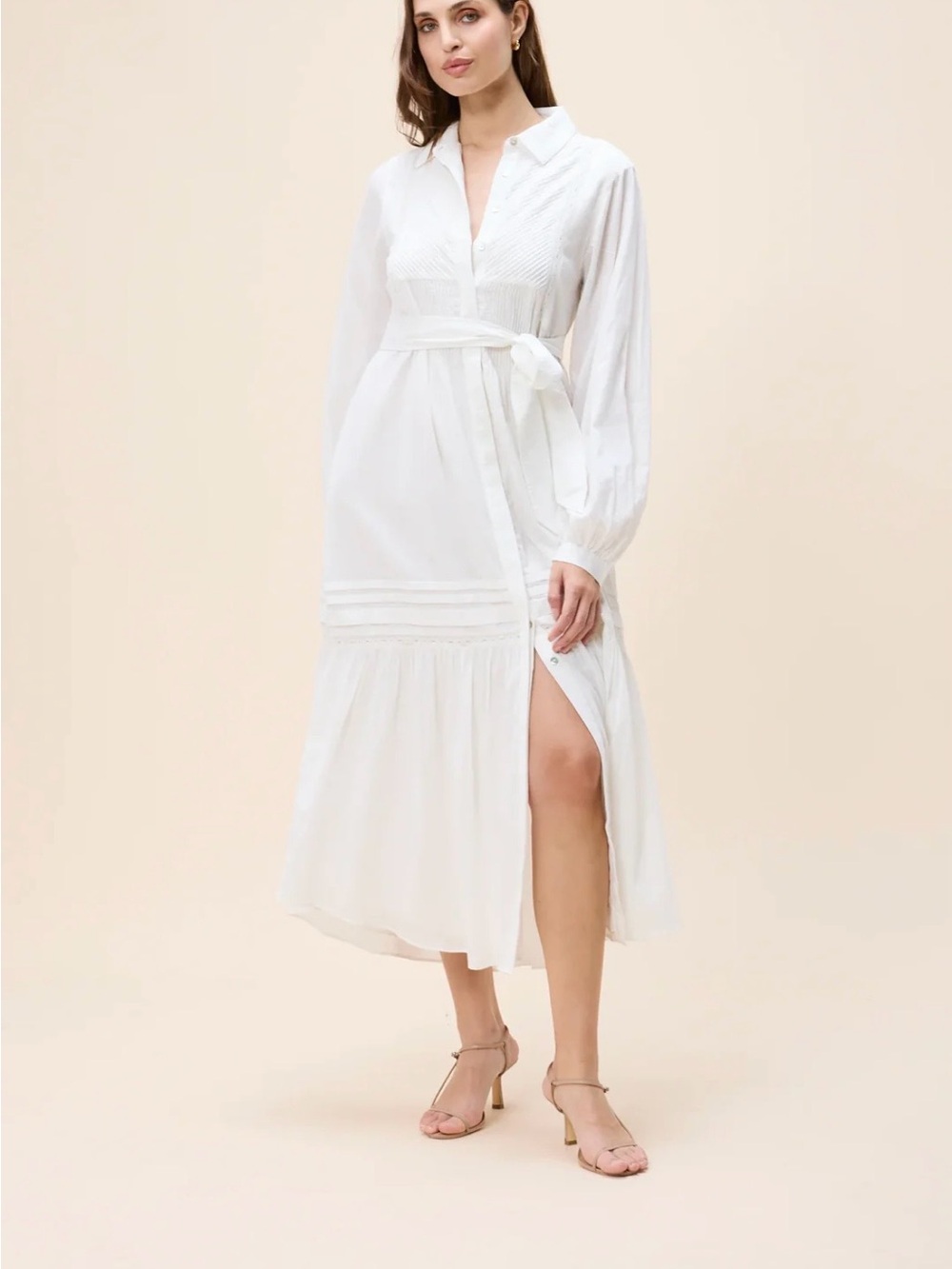 Cleobella White Long-Sleeve Maxi Dress with Tie Waist